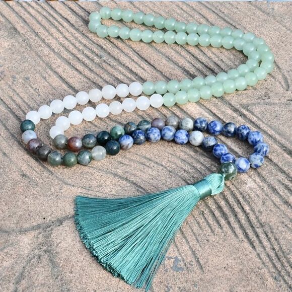 New! Blue Beaded Mala Necklace With Tassel - Picture 1 of 9
